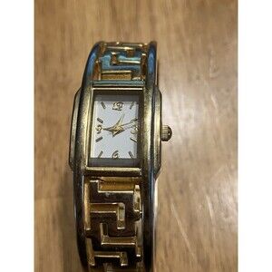 LDA DPR Watch Greek Key bracelet Hinge Clamp Gold Tone, New Battery, Works